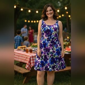 Connected Apparel Floral Dress in Purple and Blue, Size 16